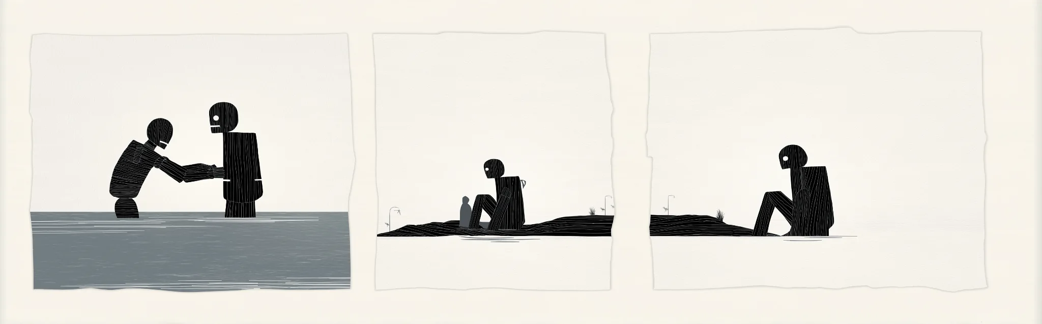 Three-panel paper-cut story of robots and people helping each other and reflecting together